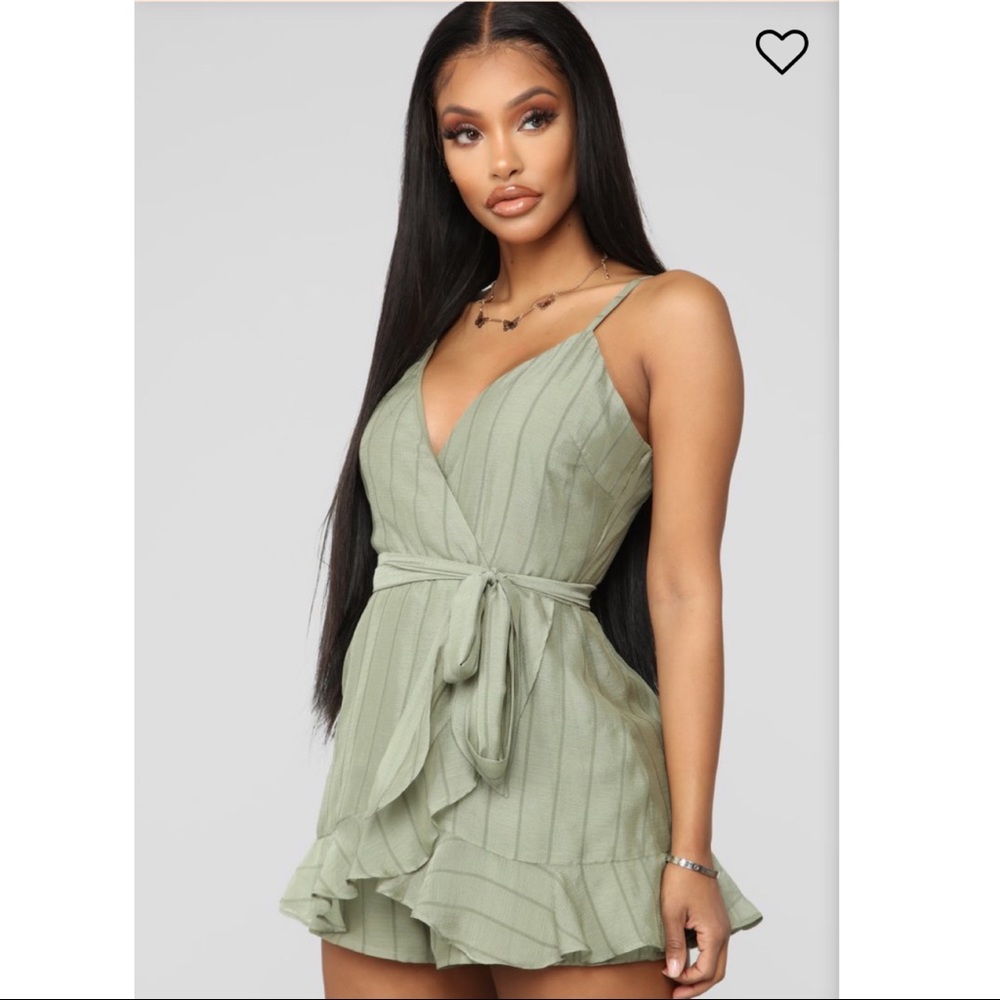 Green ruffle shorts romper with tie waist